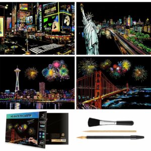 Rainbow Scratch Art Painting Paper (A4) for Kids & Adult, Night View Scratchboard Set: 4 Sheet Scratch Cards, Drawing Pen, Clean Brush (Times Square / Golden Gate Bridge / Seattle / Statue of Liberty