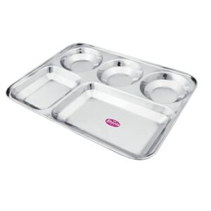 Sanskriti Exports Stainless Steel Rectangular Compartment Thali with 5 in 1 Divided Partition, Mess, Bhojan, Lunch & Dinner Plates - 13 x 10 inches