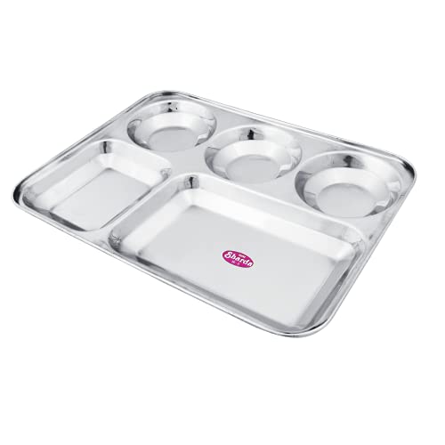 Sanskriti Exports Stainless Steel Rectangular Compartment Thali with 5 in 1 Divided Partition, Mess, Bhojan, Lunch & Dinner Plates - 13 x 10 inches