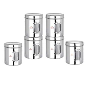 Sanskriti Exports 1 Kg Stainless Steel See Through Containers - Pack of 6 Airtight Kitchen Storage Canisters, Sanskriti Exports Style, for Spices, Tea, Coffee, Silver