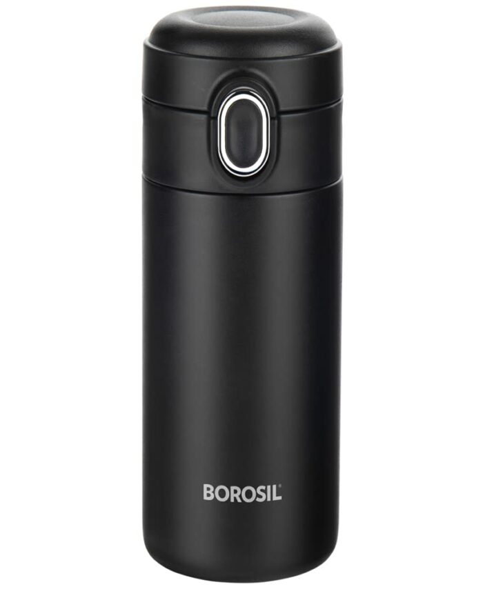 Borosil Traveller 300ml Stainless Steel Water Bottle | Double Wall Vacuum Insulated Flask | 10 Hrs Hot & Cold | Leakproof, BPA Free | Bottle for School, Office, College & Gym | 1 Year Warranty, Black