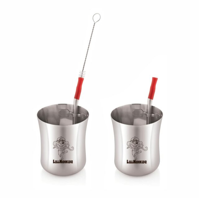 Sanskriti Exports Stainless Steel Glass for Kids | Small Glass Tumbler with Straw Cleaning Brush & Silicon - 150ml Set of 2 pcs
