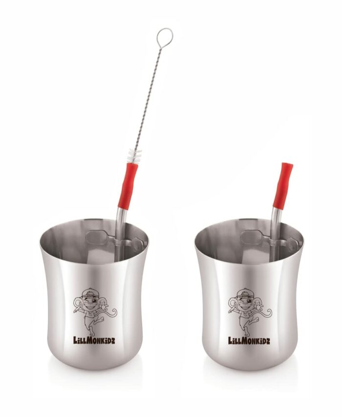 Sanskriti Exports Stainless Steel Glass for Kids | Small Glass Tumbler with Straw Cleaning Brush & Silicon - 150ml Set of 2 pcs