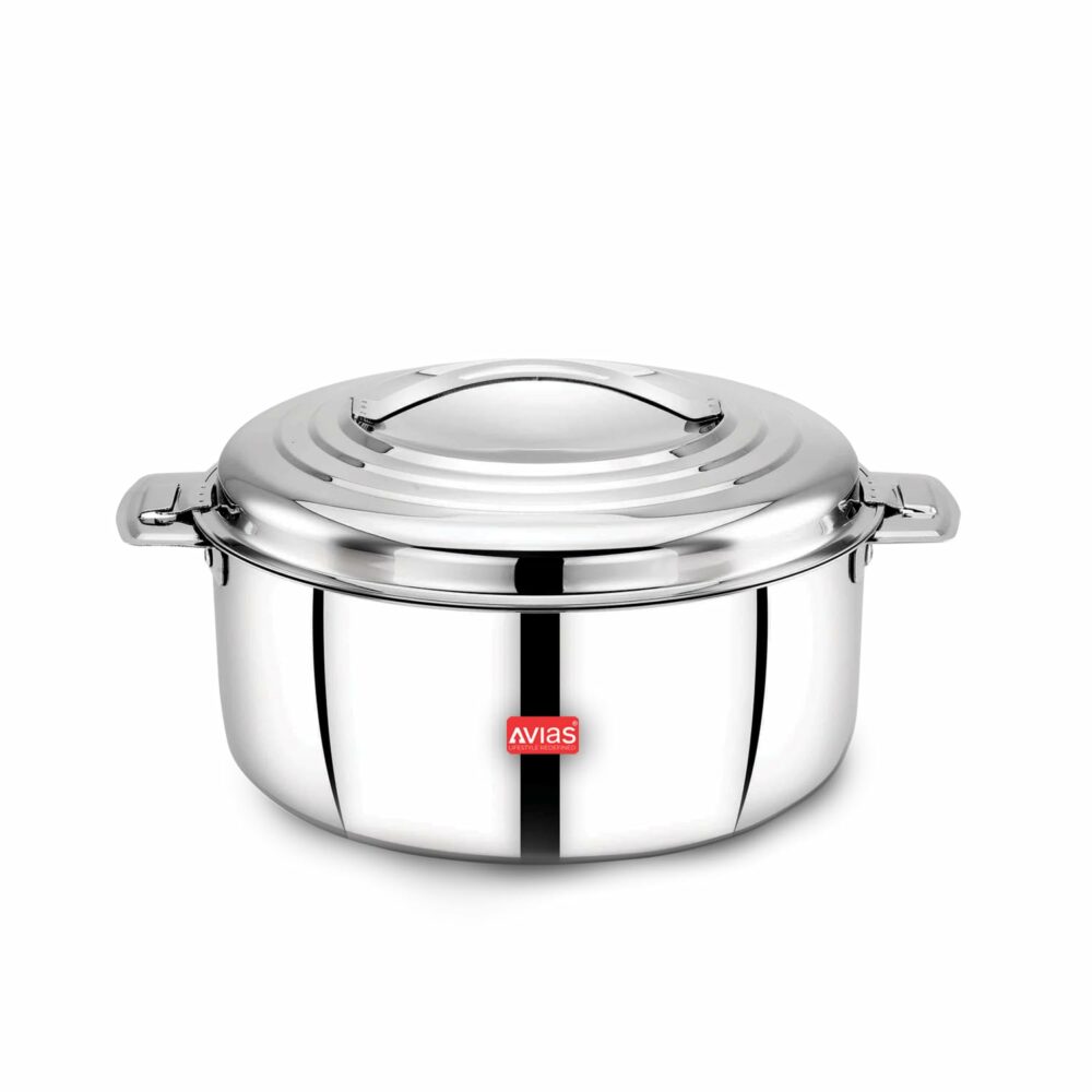 Sanskriti Exports Platina Premium 2500 ML Double Wall Insulated Stainless Steel Casserole, Hot Pot for Roti-Rice-Gravy-Curry, Silver Hot Box with Steel Lid, Retains Temperature, Twist Lock