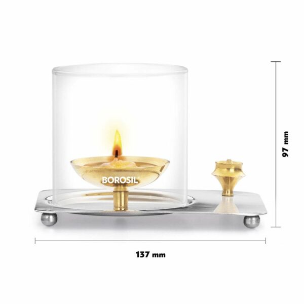 Borosil Aarti Diya Decorative Brass Glass Oil Lamp | Tea Light Holder | Diya with Borosilicate Glass | Puja Dia for Mandir | Lantern Diya with Glass Cover