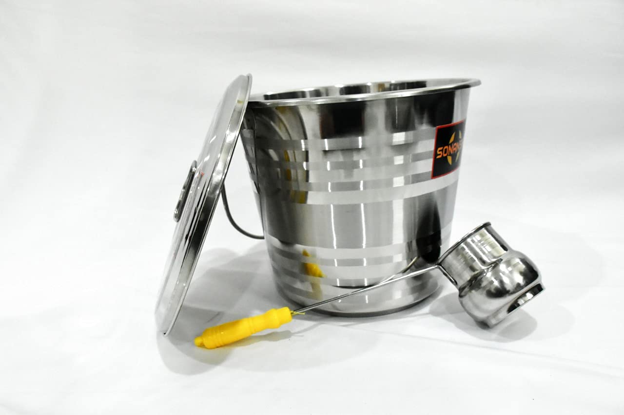 Sanskriti Exports Stainless Steel Jointless Leak Proof Water Bucket(with LID) & Water Dispenser Ladle ((Bucket 10 Litre & Water Dispenser Ladle 300 ML))