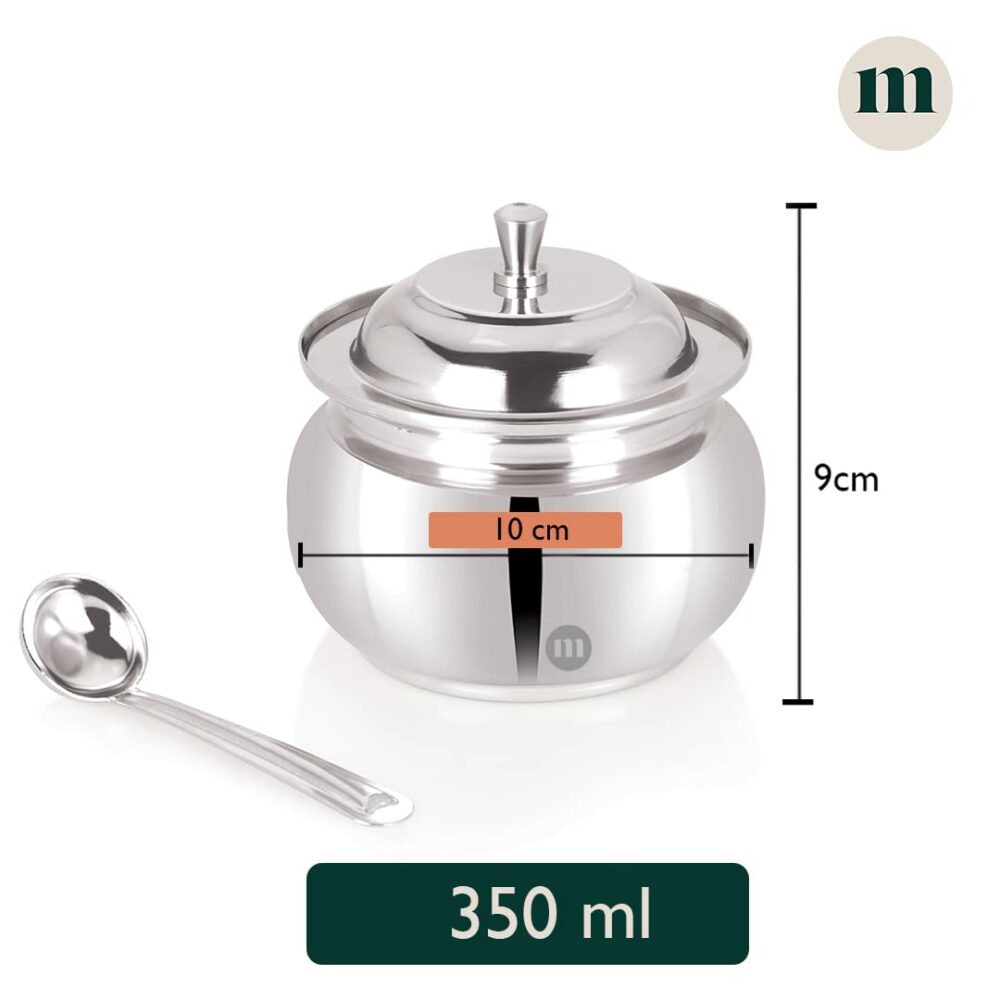 Sanskriti Exports Stainless Steel Ghee Pot with Spoon & Lid Set of 2 Pcs, Elegant Ghee Dispenser Container for Kitchen Storage Set, Multipurpose Oil, Sauce, Ghee Storage Container for Kitchen, 350ml - Image 2