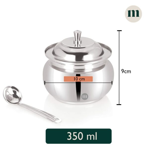 Sanskriti Exports Stainless Steel Ghee Pot with Spoon & Lid Set of 2 Pcs, Elegant Ghee Dispenser Container for Kitchen Storage Set, Multipurpose Oil, Sauce, Ghee Storage Container for Kitchen, 350ml