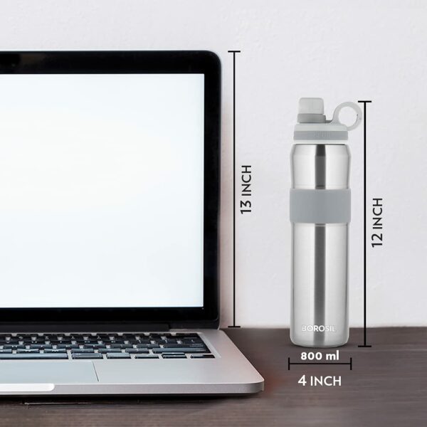 Borosil Hydra Thirst Burst 800 ml Stainless Steel Water Bottle | Double Wall Vacuum Insulated Flask | 12 Hours Hot & Cold | Ideal for Personal & Corporate Gifting | 1 Year Warranty, Silver