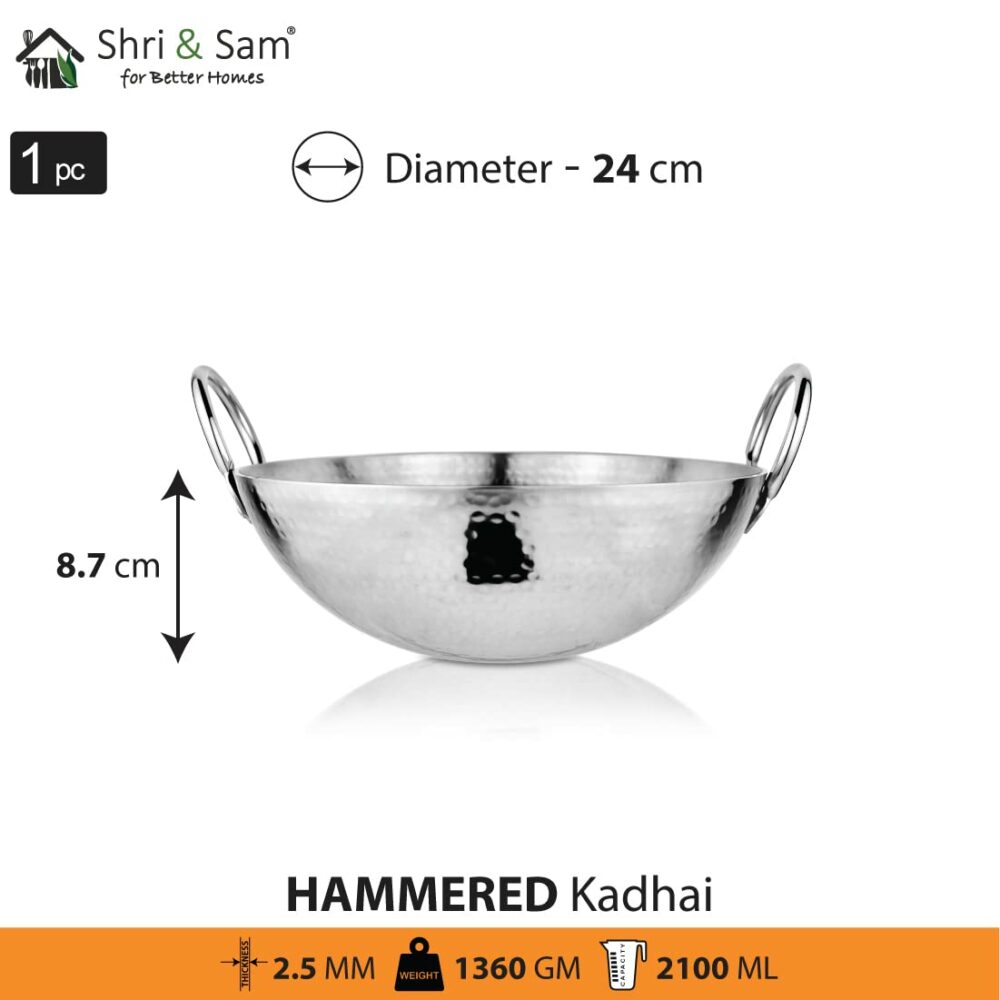 Sanskriti Exports Stainless Steel Heavy Weight Hammered Kadhai, 24 cm, 1.3 Kg, 2.1 Litre - Image 2