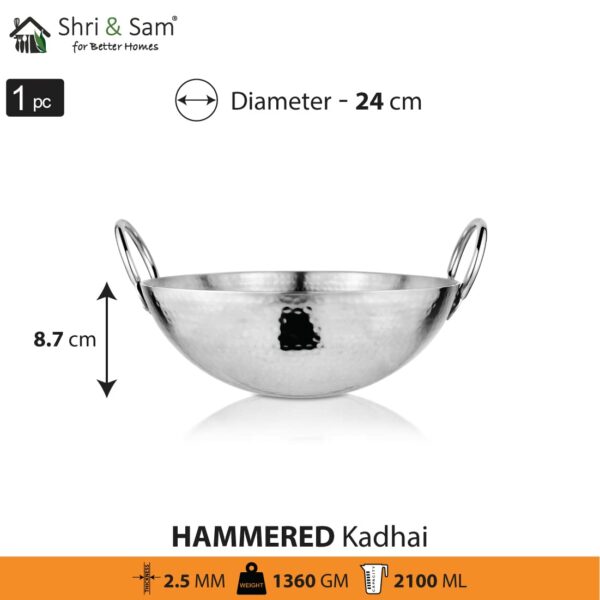 Sanskriti Exports Stainless Steel Heavy Weight Hammered Kadhai, 24 cm, 1.3 Kg, 2.1 Litre