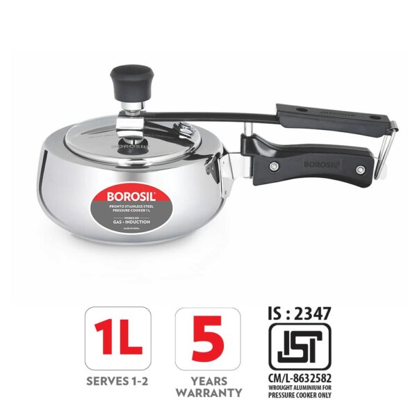 Borosil Pronto 1 L Inner Lid Stainless Steel Pressure Cooker | 6 8 mm Thick Base, Even Heat Distribution | Gas & Induction Campatible | 5 Years Warranty