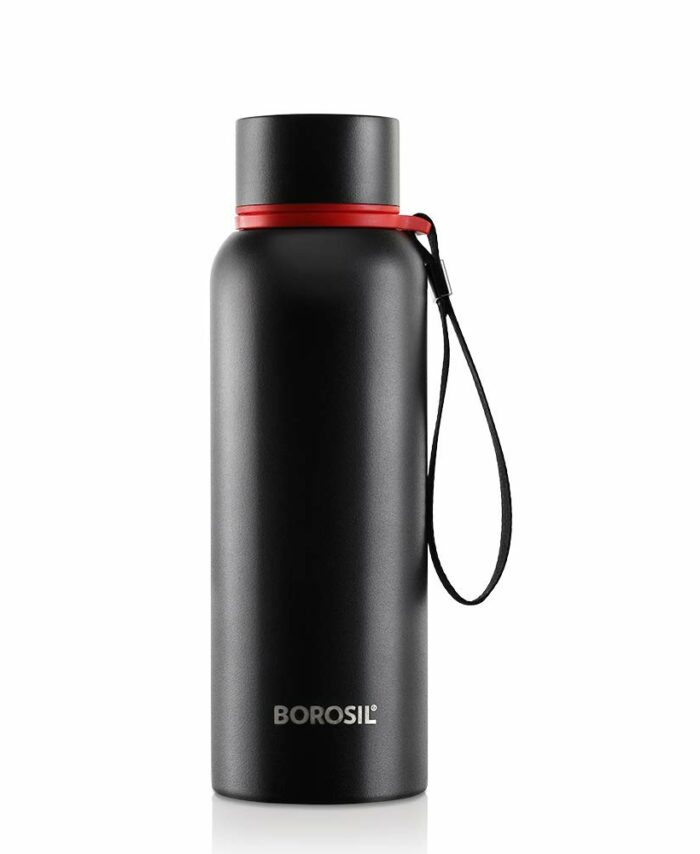 Borosil Hydra Trek 700 ml Stainless Steel Water Bottle | Double Wall Vacuum Insulated Flask, Black | 20 Hours Hot & 24 Hours Cold | Ideal for Personal & Corporate Gifting | 1 Year Warranty