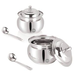 Sanskriti Exports Stainless Steel Ghee Pot with Spoon & Lid Set of 2 Pcs, Elegant Ghee Dispenser Container for Kitchen Storage Set, Multipurpose Oil, Sauce, Ghee Storage Container for Kitchen, 350ml