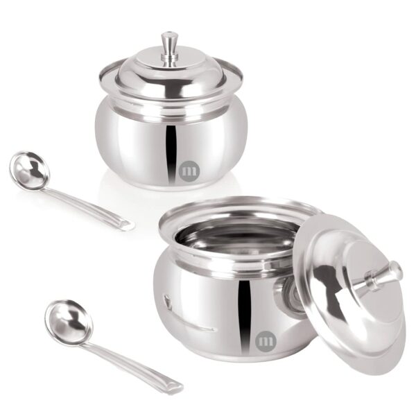 Sanskriti Exports Stainless Steel Ghee Pot with Spoon & Lid Set of 2 Pcs, Elegant Ghee Dispenser Container for Kitchen Storage Set, Multipurpose Oil, Sauce, Ghee Storage Container for Kitchen, 350ml