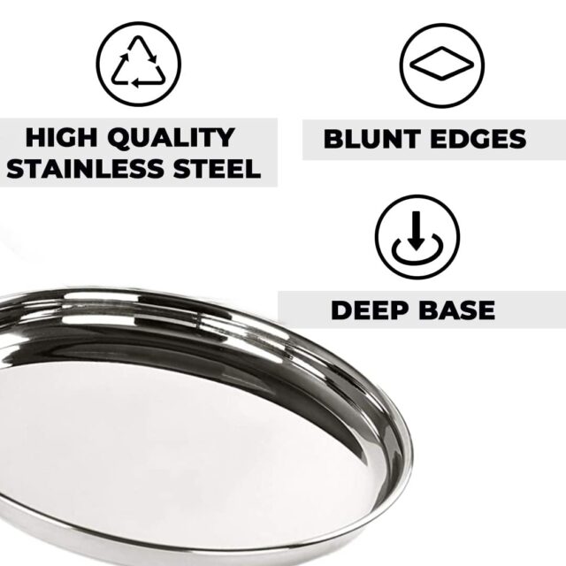 Sanskriti Exports Stainless Steel Dinner Plates Set of 6 | 29 cm Dia I Heavy Gauge & Deep Base | Mirror Finish | Multi-Purpose Steel Thali Set of 6 | Durable and Elegant Dinnerware Set