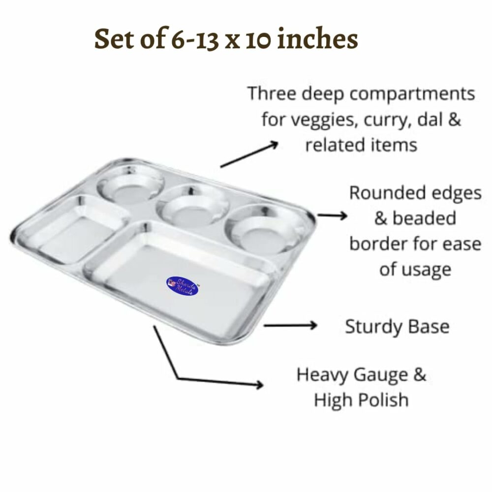 Sanskriti Exports Stainless Steel Rectangular Compartment Thali Set of 6 with 5 in 1 Divided Partition, Mess, Bhojan, Lunch & Dinner Plates - 13 x 10 inches - Image 5