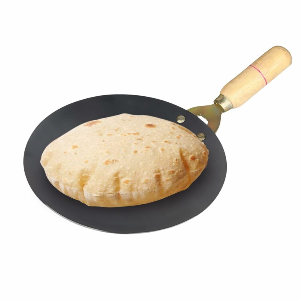 Sanskriti Exports Pure Iron Tawa with Unique Smooth Edges - First Time in India, Metal Spoon Friendly Dishwasher Safe, Strong Riveted Wooden Handle Perfect for Roti & Chapati - 9.5 Inch