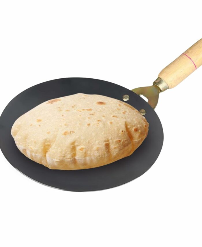 Sanskriti Exports Pure Iron Tawa with Unique Smooth Edges - First Time in India, Metal Spoon Friendly Dishwasher Safe, Strong Riveted Wooden Handle Perfect for Roti & Chapati - 9.5 Inch