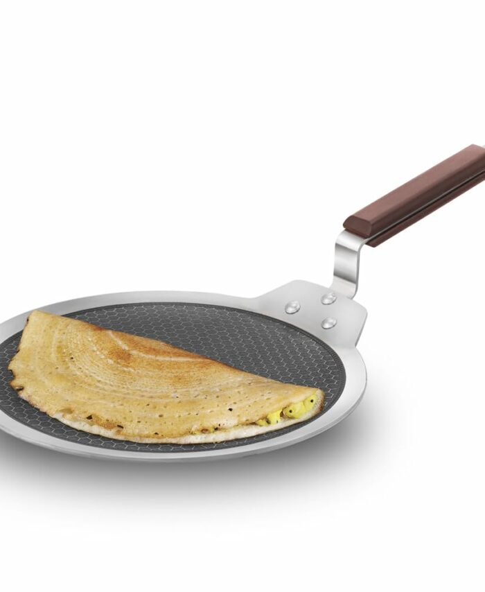 Hawkins 28 cm Dosa Tava, Triply Stainless Steel Shielded Nonstick Tawa with Rosewood Handle, Honeycomb Non Stick Induction Tawa, Silver (NSDT28)