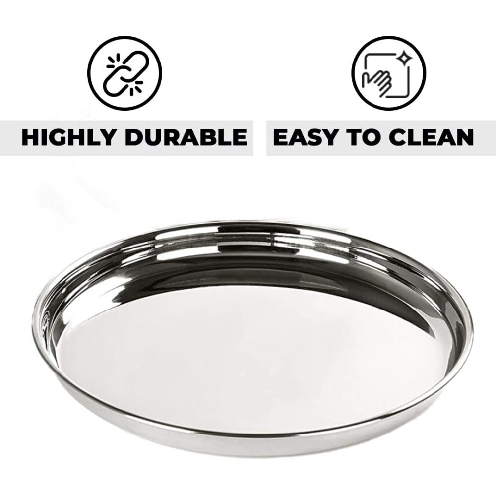 Sanskriti Exports Stainless Steel Dinner Plates Set of 6 | 29 cm Dia I Heavy Gauge & Deep Base | Mirror Finish | Multi-Purpose Steel Thali Set of 6 | Durable and Elegant Dinnerware Set - Image 5