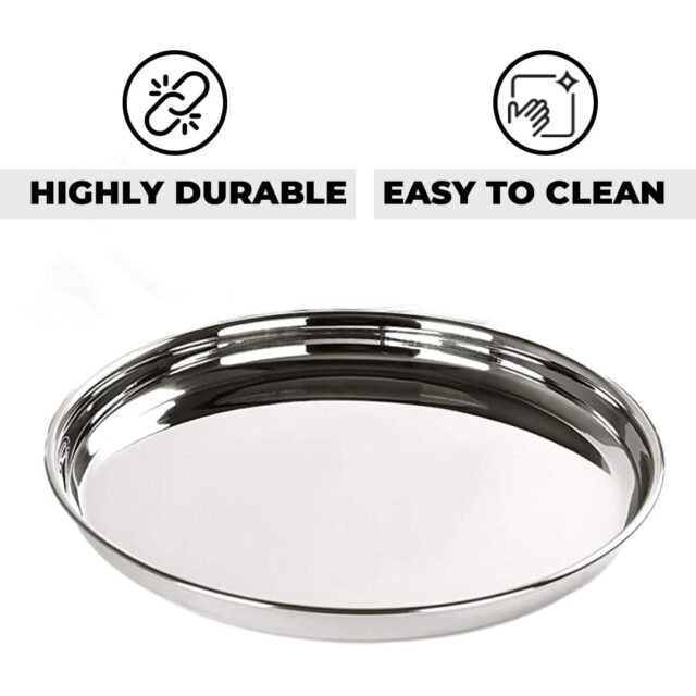 Sanskriti Exports Stainless Steel Dinner Plates Set of 6 | 29 cm Dia I Heavy Gauge & Deep Base | Mirror Finish | Multi-Purpose Steel Thali Set of 6 | Durable and Elegant Dinnerware Set