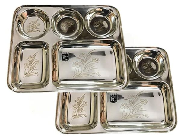 Sanskriti Exports Stainless Steel Laser Partition Plate 5 in1 | Bhojan Thali | Dinner Plate Set of 2