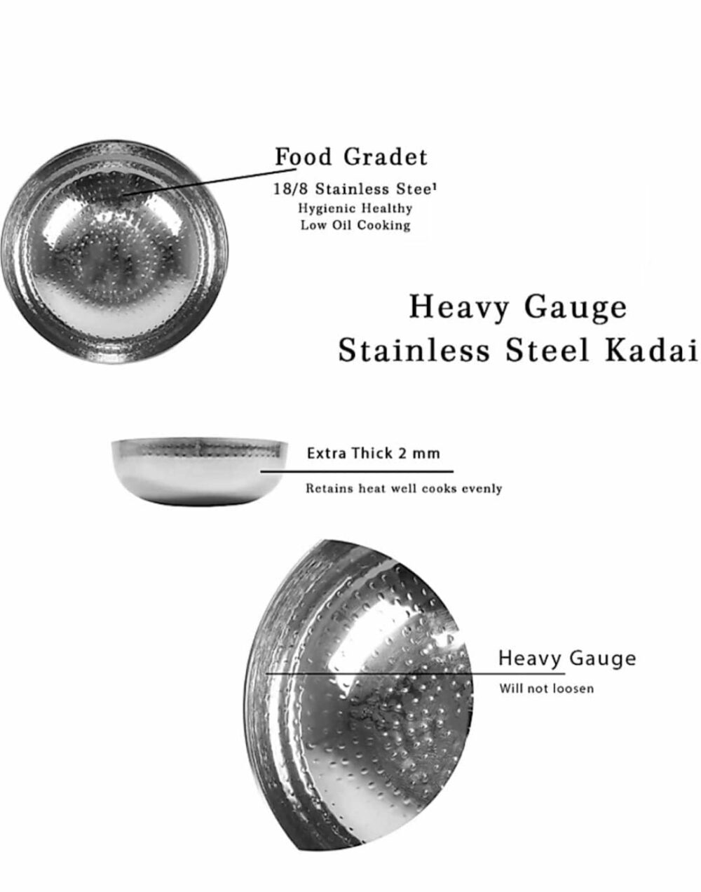Sanskriti Exports Sandwich Bottom Heavy Gauge Stainless Steel Hammered Tasla, Without Handle Kadhai Cookware (2500 ML) - Image 3