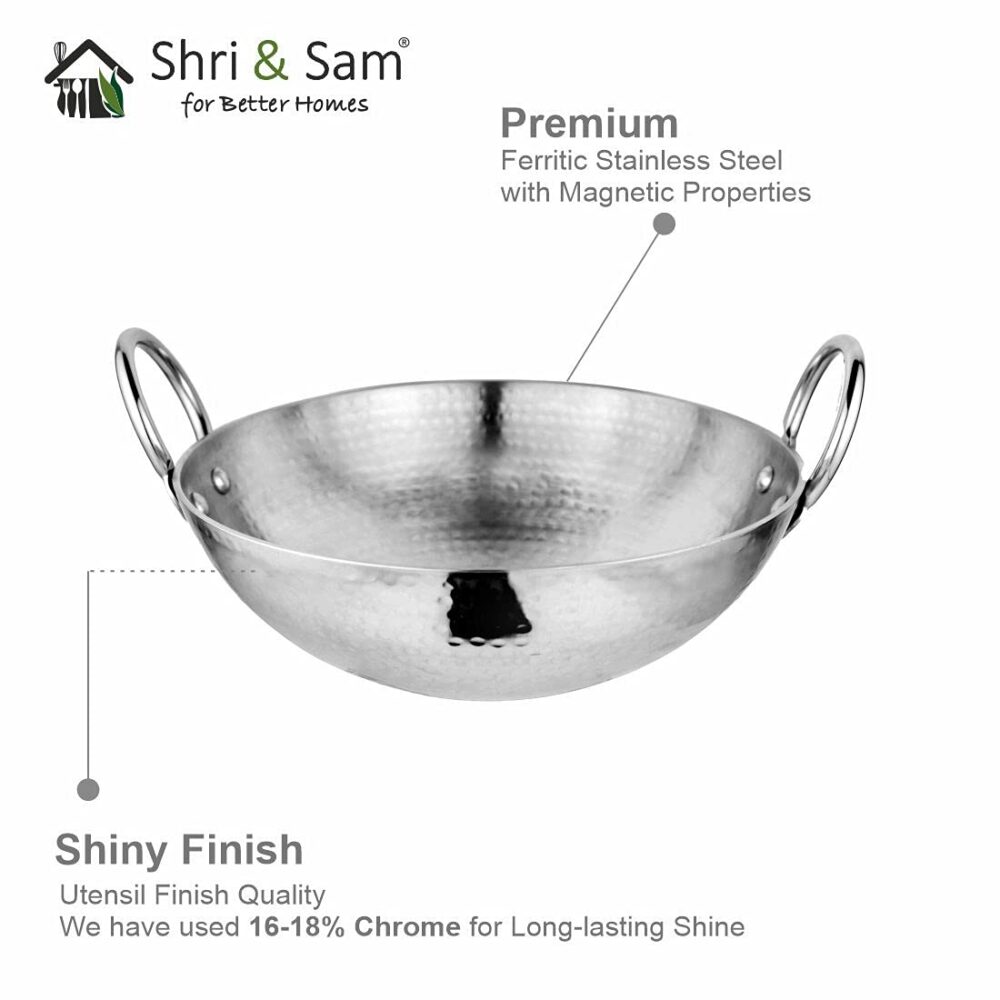 Sanskriti Exports Stainless Steel Heavy Weight Hammered Kadhai, 24 cm, 1.3 Kg, 2.1 Litre - Image 3