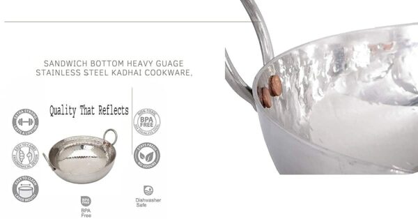 Sanskriti Exports Sandwich Bottom Heavy Gauge Stainless Steel Hammered Kadhai Cookware (2500 ML)