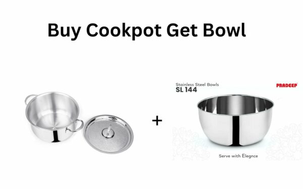 Sanskriti Exports Stainless Steel Cookpot with Lid (Bello)|20CM,3 3L Capacity| Sandwich Bottom for Even Heating |Elegant SS Design Lid|Induction&Gas Stove Compatible|(Buy Cookpot Get SS Bowl B-144-300 Ml)