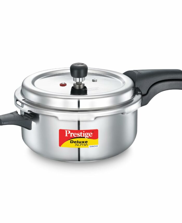 Prestige 5L Deluxe Alpha Svachh Stainless Steel Pressure Cooker|Outer Lid|Ideal for 5-7 Persons|Deep Lid for Spillage Control|Gas & Induction Compatible|Silver