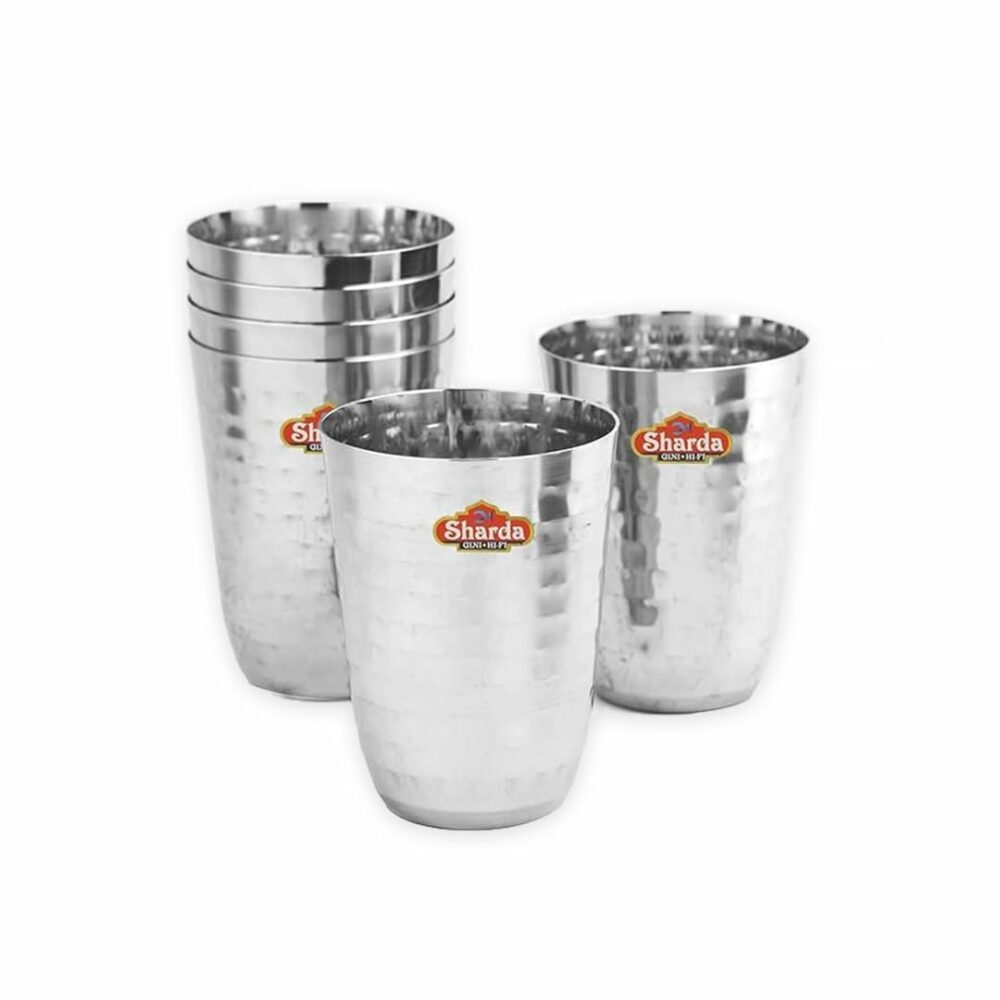 Sanskriti Exports Stainless Steel Hammered Glass Set of 6 for Water, Juice, Soft Drinks, Lassi, Chaass & Beverages, Mathar Tumbler, Food Grade Serving Glasses - 300 ml Each