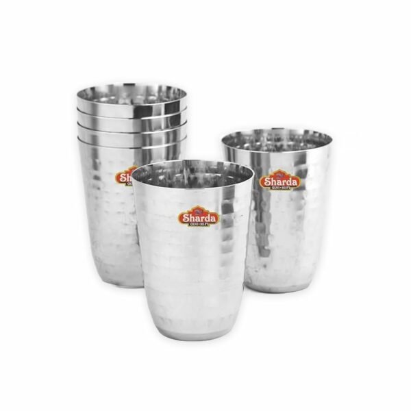 Sanskriti Exports Stainless Steel Hammered Glass Set of 6 for Water, Juice, Soft Drinks, Lassi, Chaass & Beverages, Mathar Tumbler, Food Grade Serving Glasses - 300 ml Each