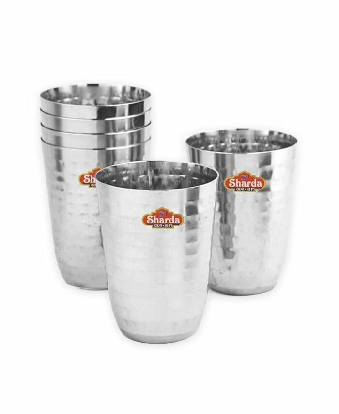 Sanskriti Exports Stainless Steel Hammered Glass Set of 6 for Water, Juice, Soft Drinks, Lassi, Chaass & Beverages, Mathar Tumbler, Food Grade Serving Glasses - 300 ml Each