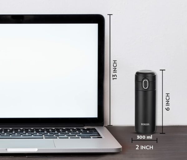 Borosil Traveller 300ml Stainless Steel Water Bottle | Double Wall Vacuum Insulated Flask | 10 Hrs Hot & Cold | Leakproof, BPA Free | Bottle for School, Office, College & Gym | 1 Year Warranty, Black - Image 2