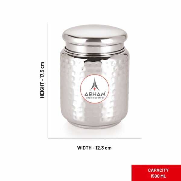 Sanskriti Exports Stainless Steel Hammered Pearl Canister with Thread Lock Lid | Food Grade Heavy Gauge Multipurpose Airtight Storage Jar | Container or Dabba for Kitchen (Pack of 1, 1500 ml) - Image 4