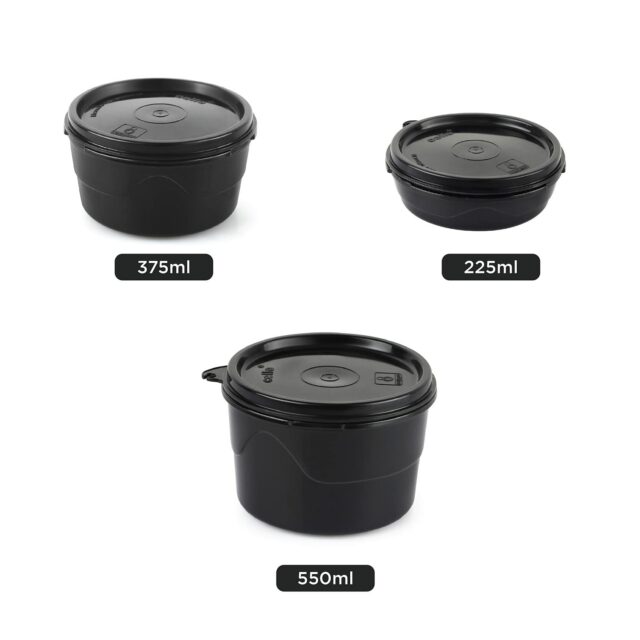 CELLO MF Click Lunch Box Set with Bag, 3 Containers, 300ml, Black | Tiffin Box Outer Plastic Inner Steel with Bag | Leakproof Lunch Boxes with Jacket | Ideal for Office, School, College