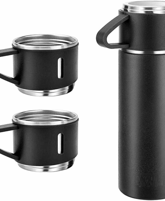 Sanskriti Exports Double Wall Stainless Steel Thermo 500ml Vacuum Insulated Bottle Water Flask Gift Set with Two Cups Hot & Cold (Multicolor)