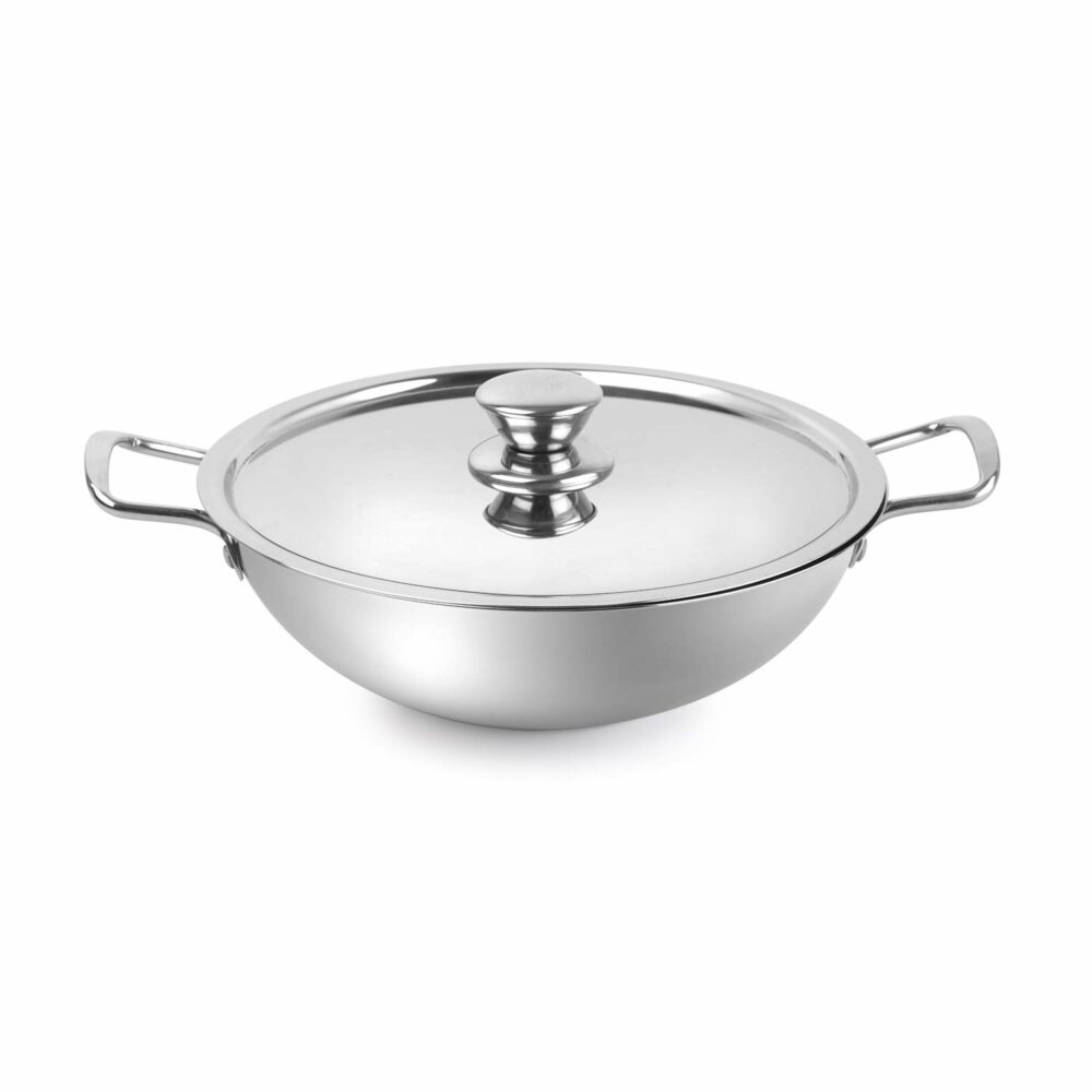 Sanskriti Exports Stainless Steel Kadhai with SS Lid 1 5Ltr / 22cm, Silver, Medium