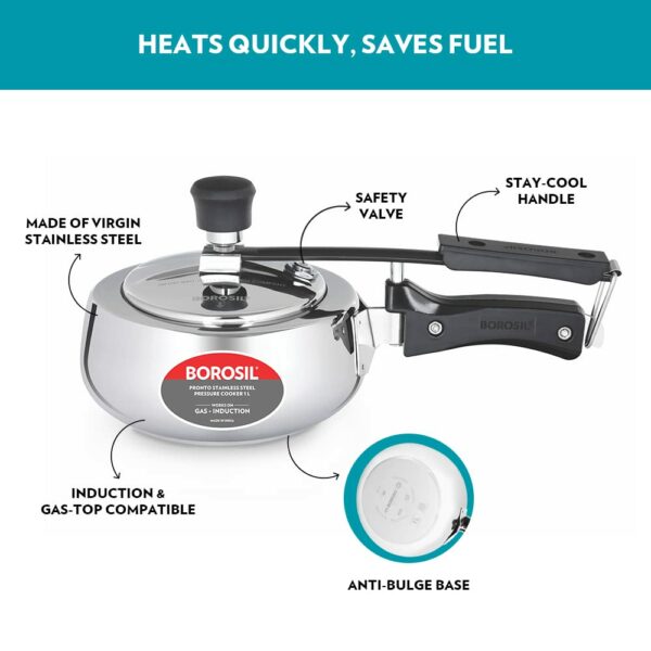Borosil Pronto 1 L Inner Lid Stainless Steel Pressure Cooker | 6 8 mm Thick Base, Even Heat Distribution | Gas & Induction Campatible | 5 Years Warranty