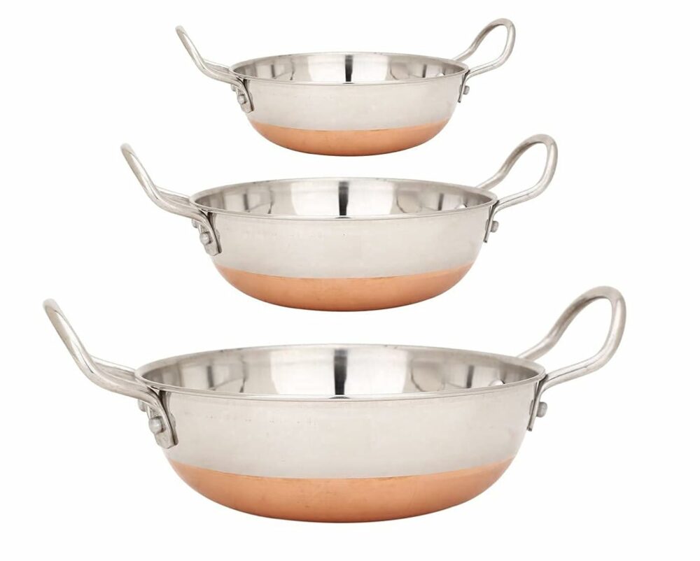 Sanskriti Exports Stainless Steel Copper Bottom Kadhai Kadai for Cooking/Serving(1000 ML 1500 ML 2000 ML, Set of 3) Pot Pans for Frying