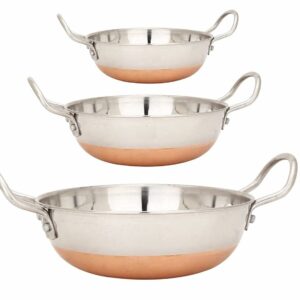 Sanskriti Exports Stainless Steel Copper Bottom Kadhai Kadai for Cooking/Serving(1000 ML 1500 ML 2000 ML, Set of 3) Pot Pans for Frying