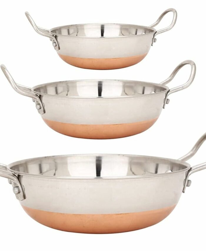 Sanskriti Exports Stainless Steel Copper Bottom Kadhai Kadai for Cooking/Serving(1000 ML 1500 ML 2000 ML, Set of 3) Pot Pans for Frying