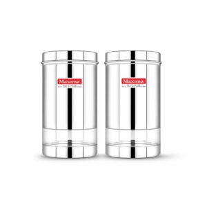 MAXIMA Sunshine Stainless Steel Canister - Elegant Circular Design for Tea, Coffee, and Spices | Leak Proof | Airtight Kitchen Storage Container (1200Ml) Set of 2, Silver