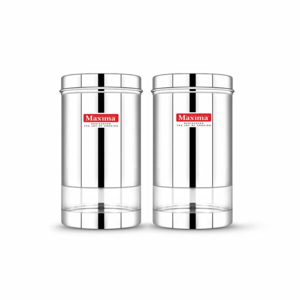MAXIMA Sunshine Stainless Steel Canister - Elegant Circular Design for Tea, Coffee, and Spices | Leak Proof | Airtight Kitchen Storage Container (1200Ml) Set of 2, Silver