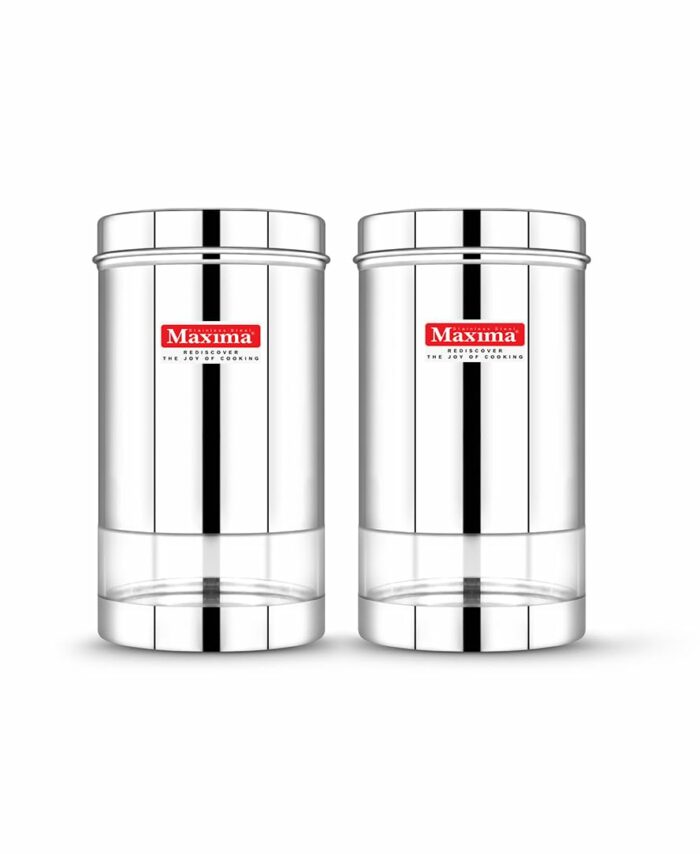 MAXIMA Sunshine Stainless Steel Canister - Elegant Circular Design for Tea, Coffee, and Spices | Leak Proof | Airtight Kitchen Storage Container (1200Ml) Set of 2, Silver