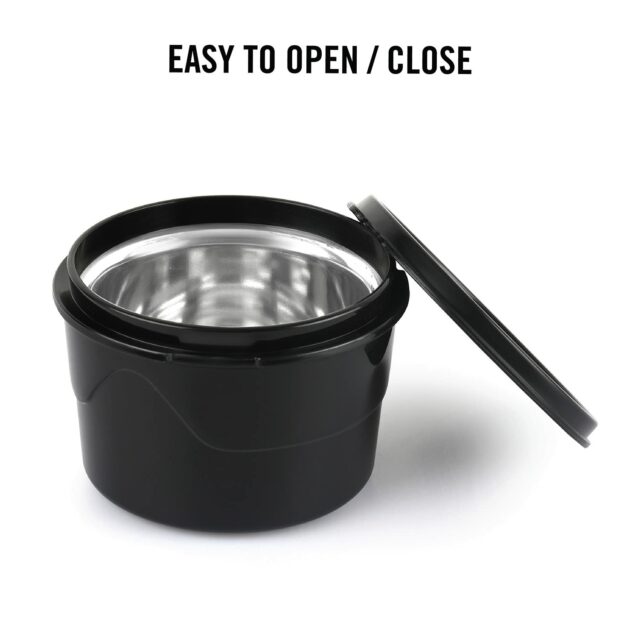 CELLO MF Click Lunch Box Set with Bag, 3 Containers, 300ml, Black | Tiffin Box Outer Plastic Inner Steel with Bag | Leakproof Lunch Boxes with Jacket | Ideal for Office, School, College