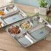 Sanskriti Exports Stainless Steel Rectangular Compartment Thali with 5 in 1 Divided Partition, Mess, Bhojan, Lunch & Dinner Plates - 13 x 10 inches