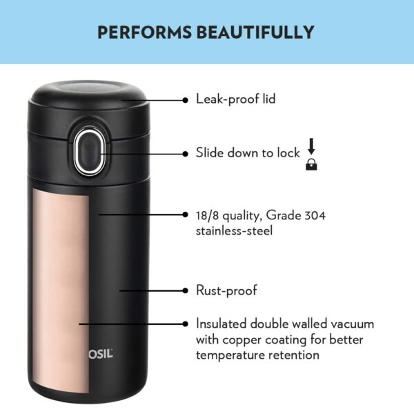 Borosil Traveller 300ml Stainless Steel Water Bottle | Double Wall Vacuum Insulated Flask | 10 Hrs Hot & Cold | Leakproof, BPA Free | Bottle for School, Office, College & Gym | 1 Year Warranty, Black - Image 3